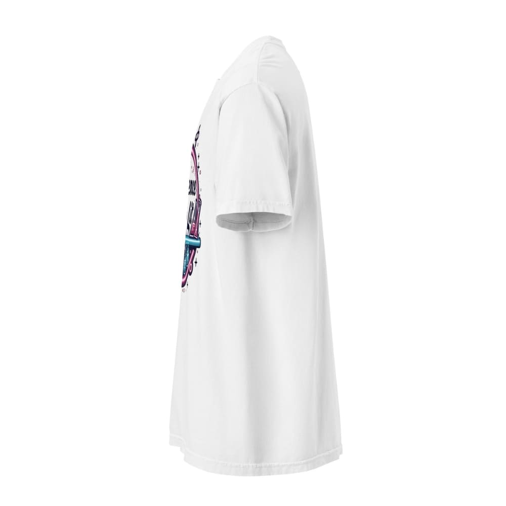 White t-shirt with a colorful graphic on the sleeve against a white background