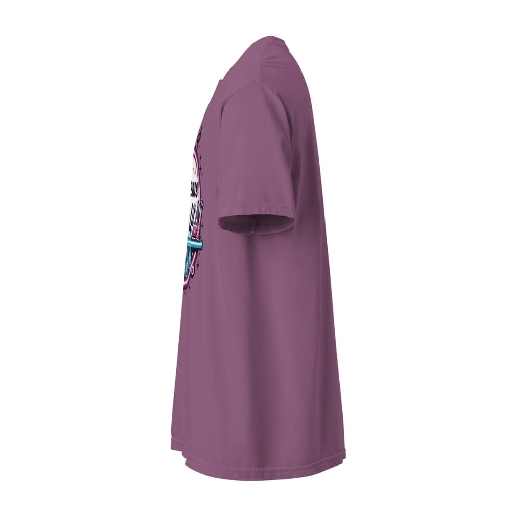 Purple t-shirt with a graphic design on a white background