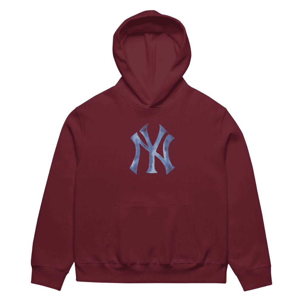 Maroon hoodie with a blue logo on a white background