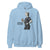 Light blue hoodie with a graphic of a person holding a coffee cup and text 'Coffee first. Chart later.