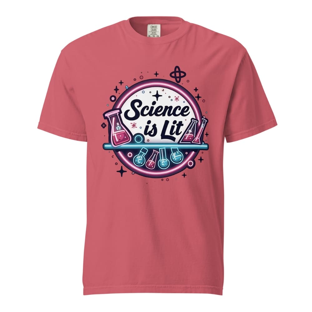Pink t-shirt with 'Science is Lit' graphic design on a white background
