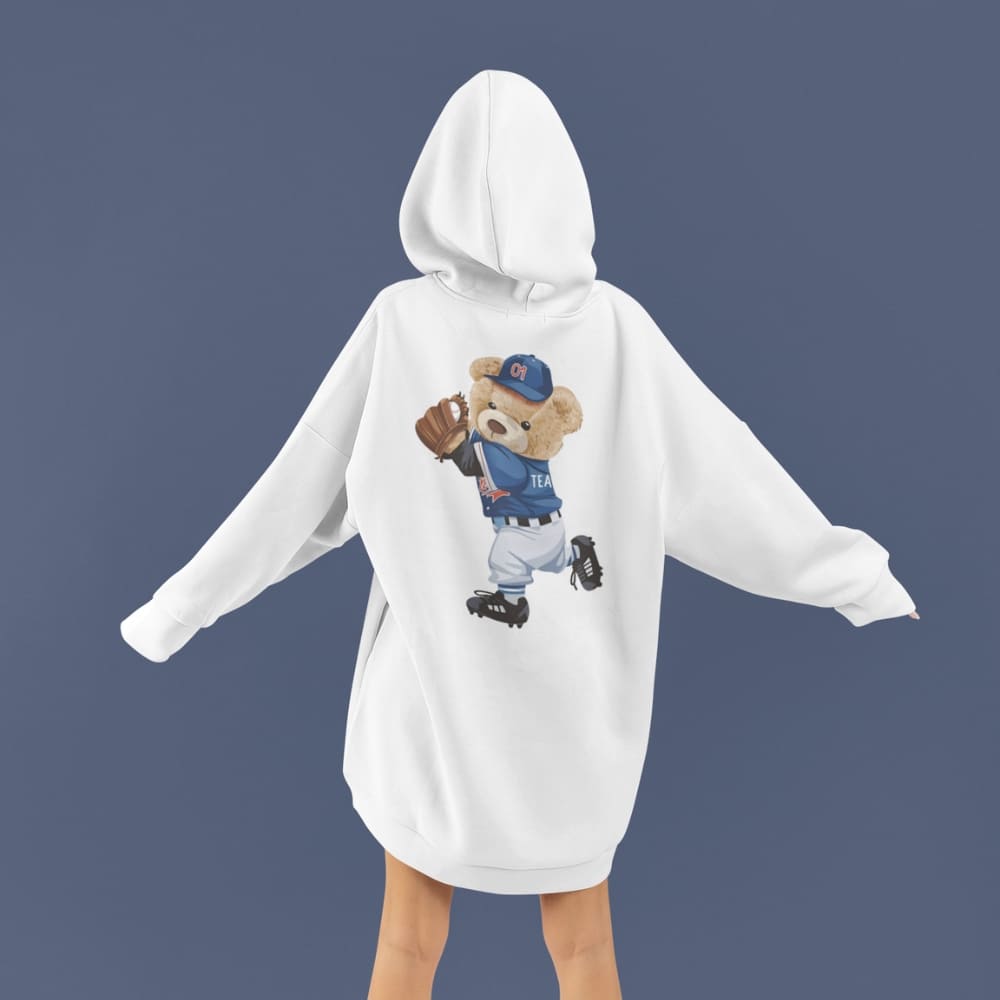 White hoodie with a bear graphic in a baseball uniform on a dark blue background