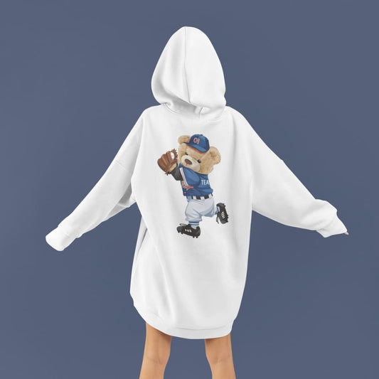 White hoodie with a bear graphic in a baseball uniform on a dark blue background