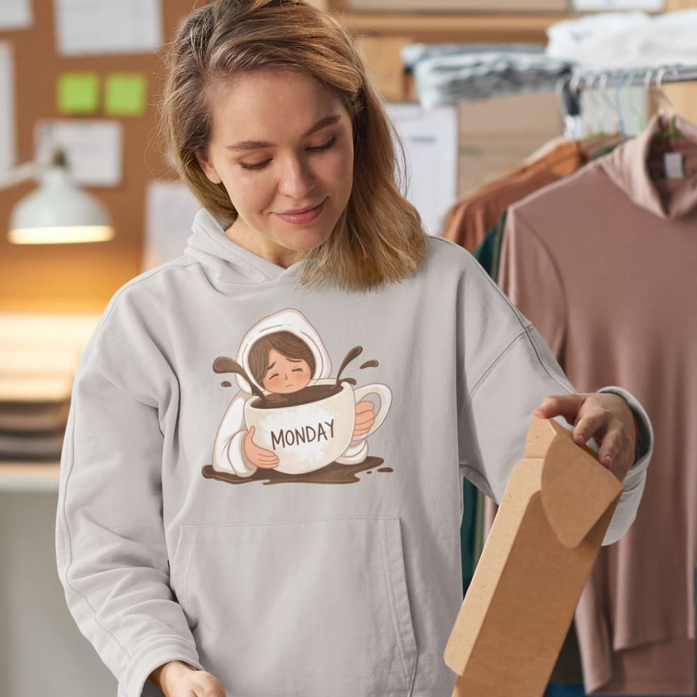 Woman wearing a hoodie with a graphic design of a person holding a mug labeled 'Monday' in a clothing store.