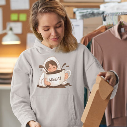 Woman wearing a hoodie with a graphic design of a person holding a mug labeled 'Monday' in a clothing store.