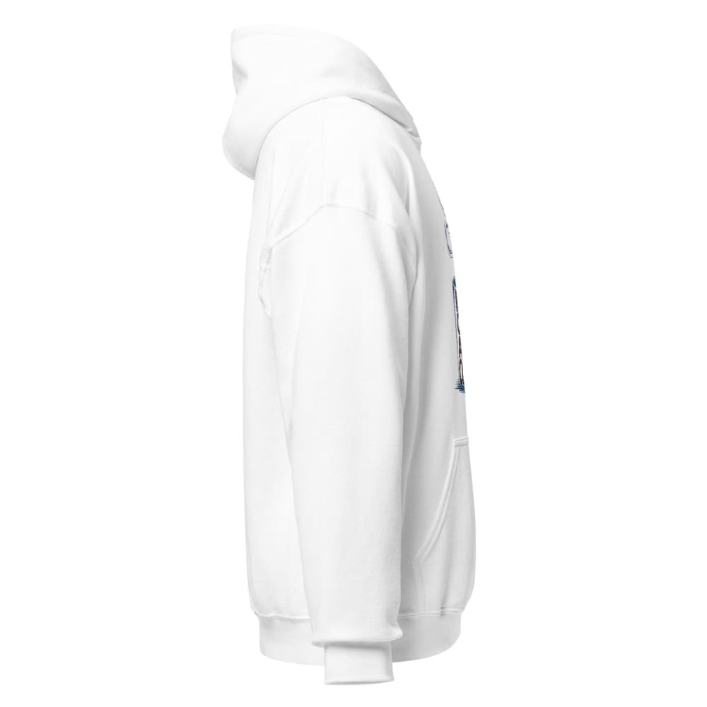 White hoodie with a small graphic on the sleeve against a white background