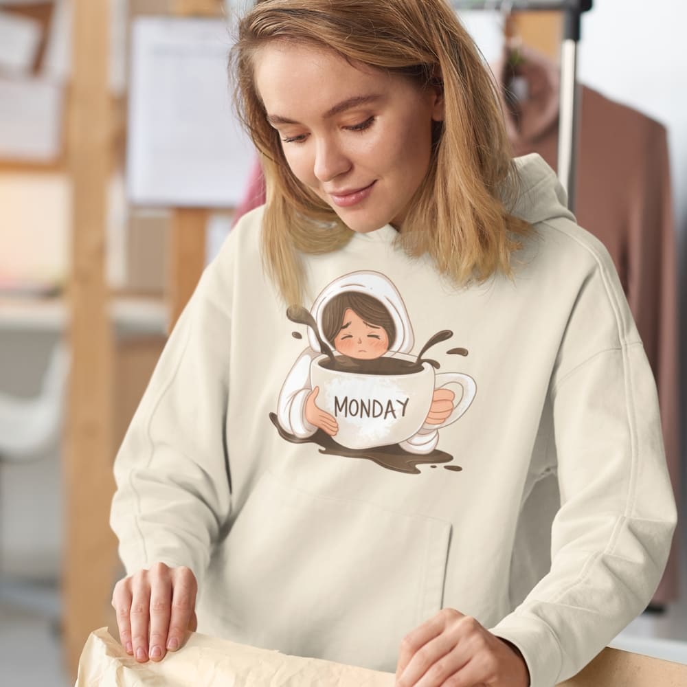 Person wearing a beige hoodie with a graphic design of a person holding a mug labeled 'Monday'.