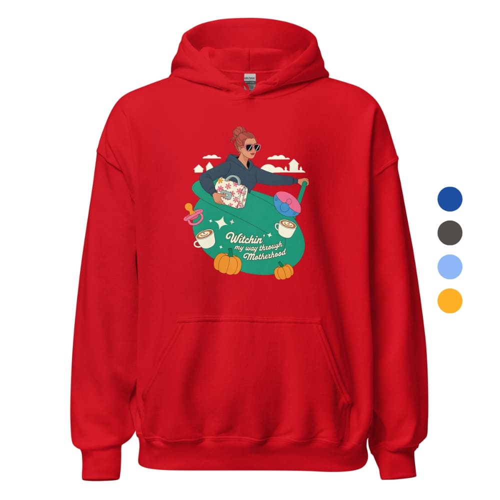 Red hoodie with a graphic design of a witch and text on a white background