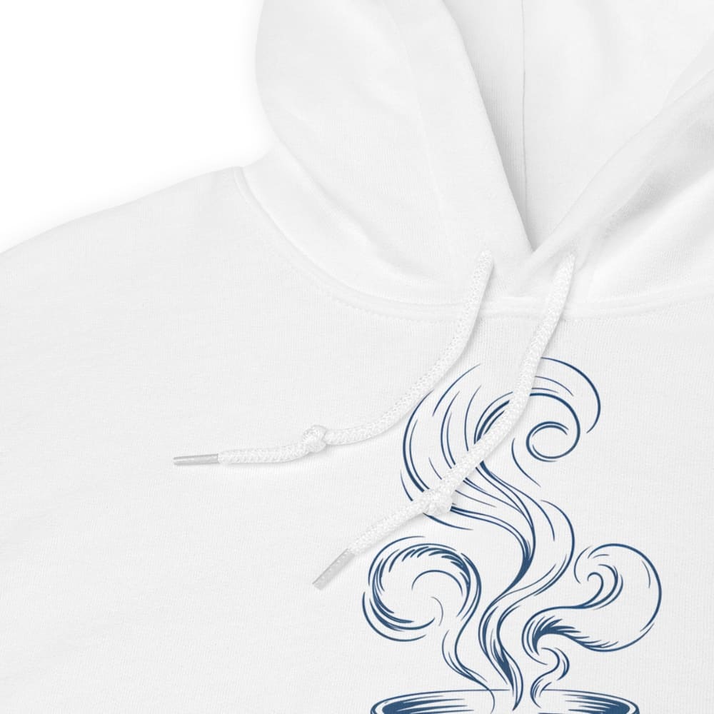 White hoodie with blue abstract design on a white background