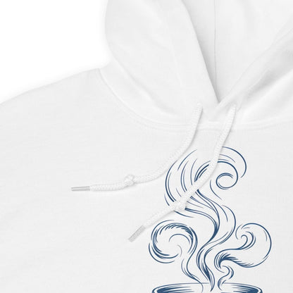 White hoodie with blue abstract design on a white background