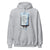 Gray hoodie with a graphic design on the chest against a white background