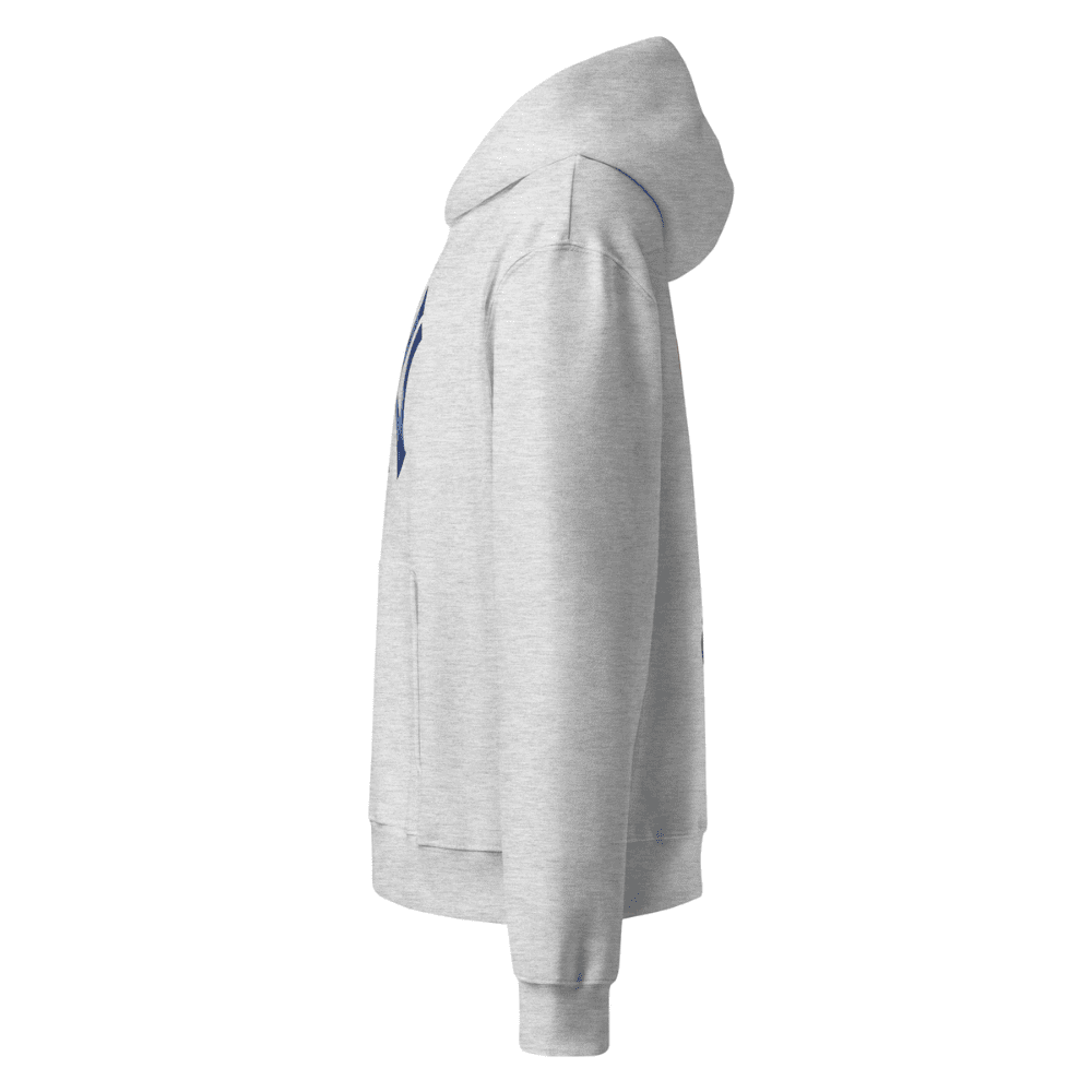 Gray hoodie with a brand logo on the chest against a white background