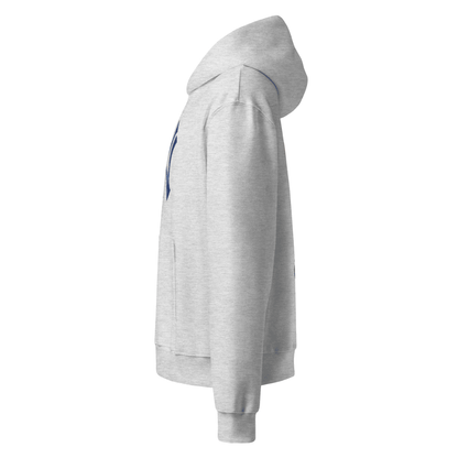 Gray hoodie with a brand logo on the chest against a white background