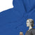 Blue hoodie with a graphic of a woman holding a coffee cup on a white background