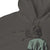 Gray hoodie with a graphic of a person wearing a green jacket and text on the back.
