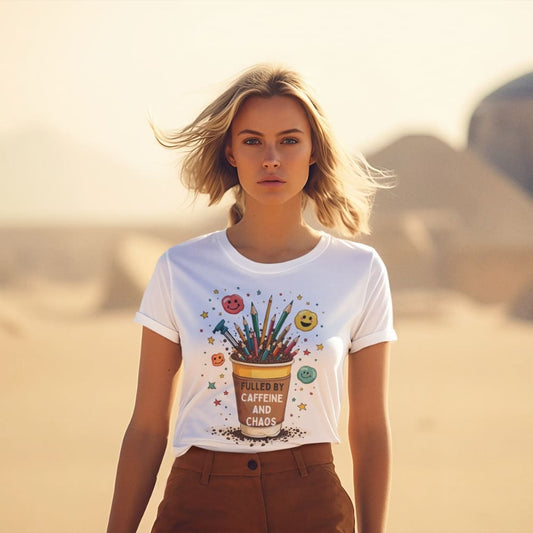 Woman wearing a white t-shirt with a colorful graphic design in a desert setting