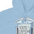 Light blue hoodie with a graphic design of a coffee cup and text on a white background