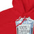 Red hoodie with a graphic design of a coffee cup and text on a white background