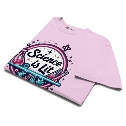 Pink t-shirt with 'Science is Lit' design on a white background
