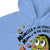 Blue hoodie with Halloween-themed design featuring a monster and pumpkins.