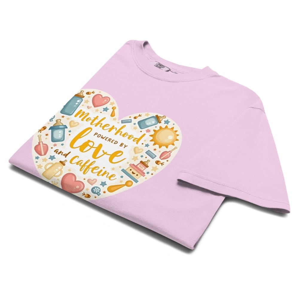 Pink t-shirt with a colorful graphic and text on a white background