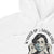 White hoodie with graphic of a person wearing a mask and text 'I'm asked up to saving lives'.