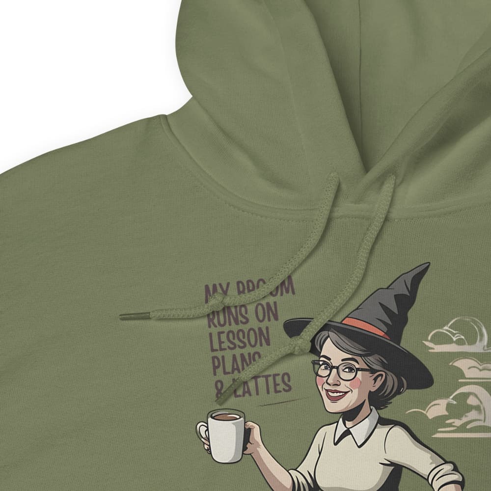 Green hoodie with a graphic of a person holding a coffee cup and text on a white background