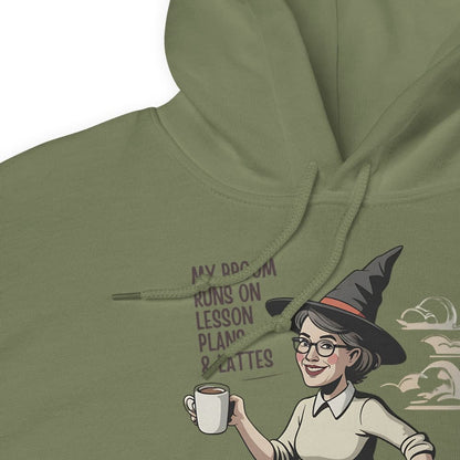 Green hoodie with a graphic of a person holding a coffee cup and text on a white background