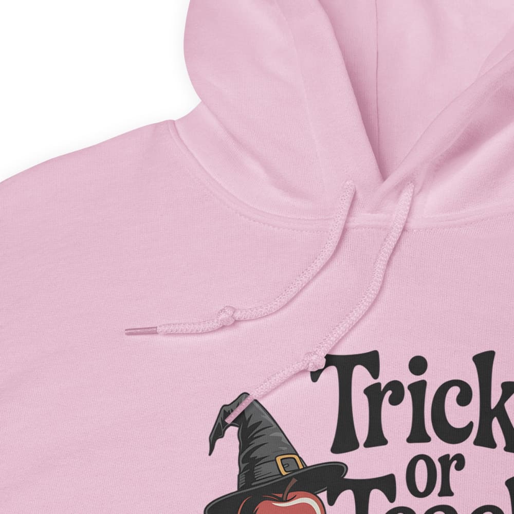 Pink hoodie with a witch hat and pumpkin design on a white background