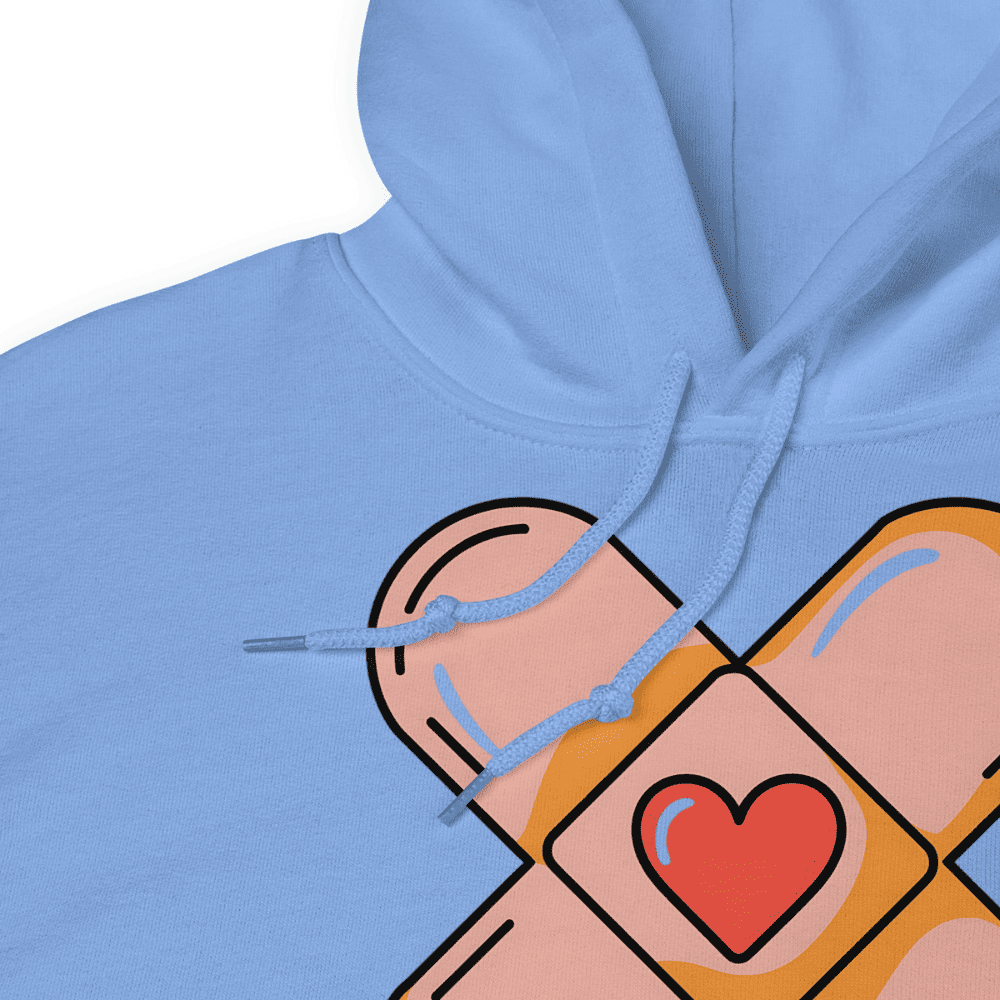 Light blue hoodie with a graphic design of a person holding a heart.
