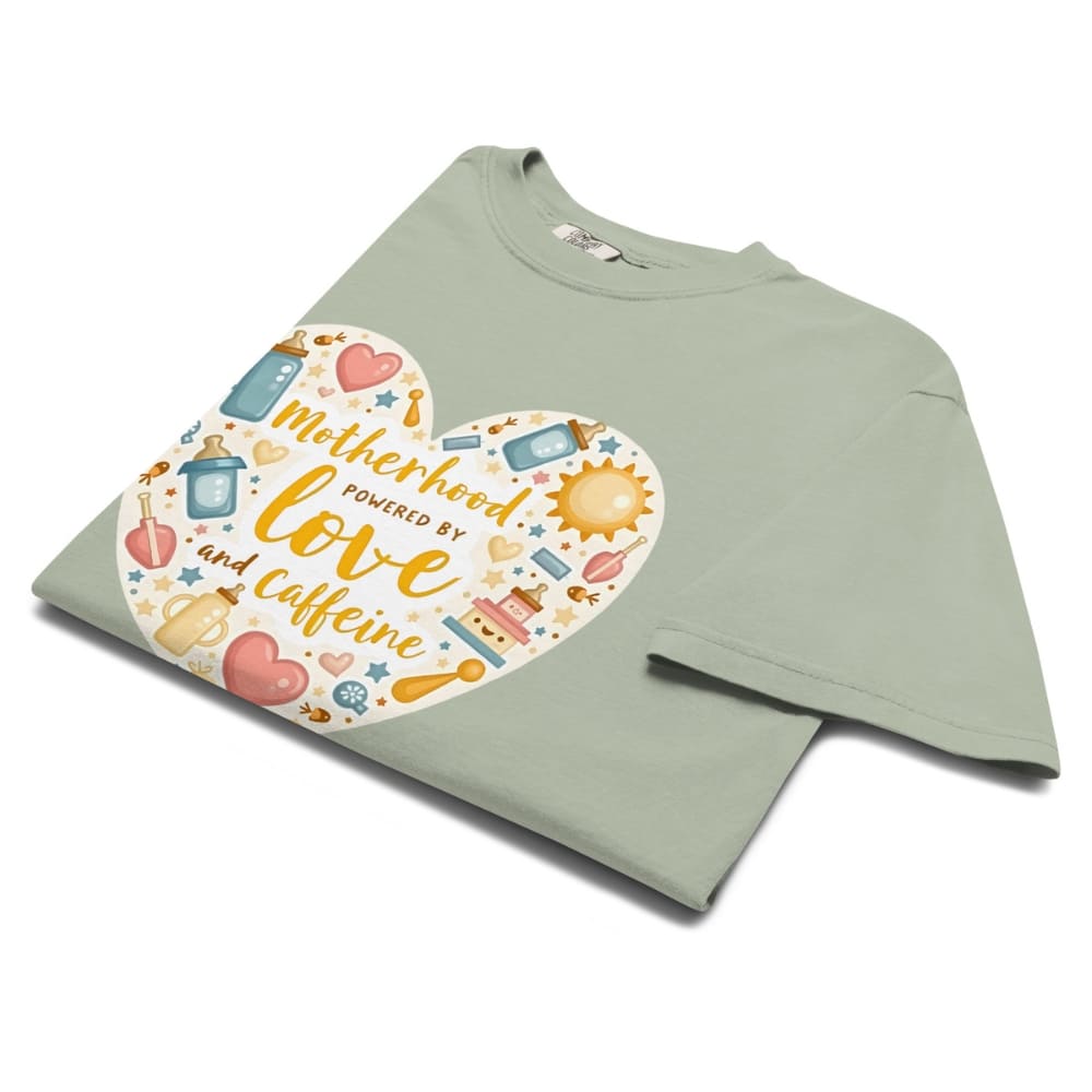 Green t-shirt with a colorful heart design and text on a white background