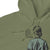 Green hoodie with a graphic of a person and text on the chest area.