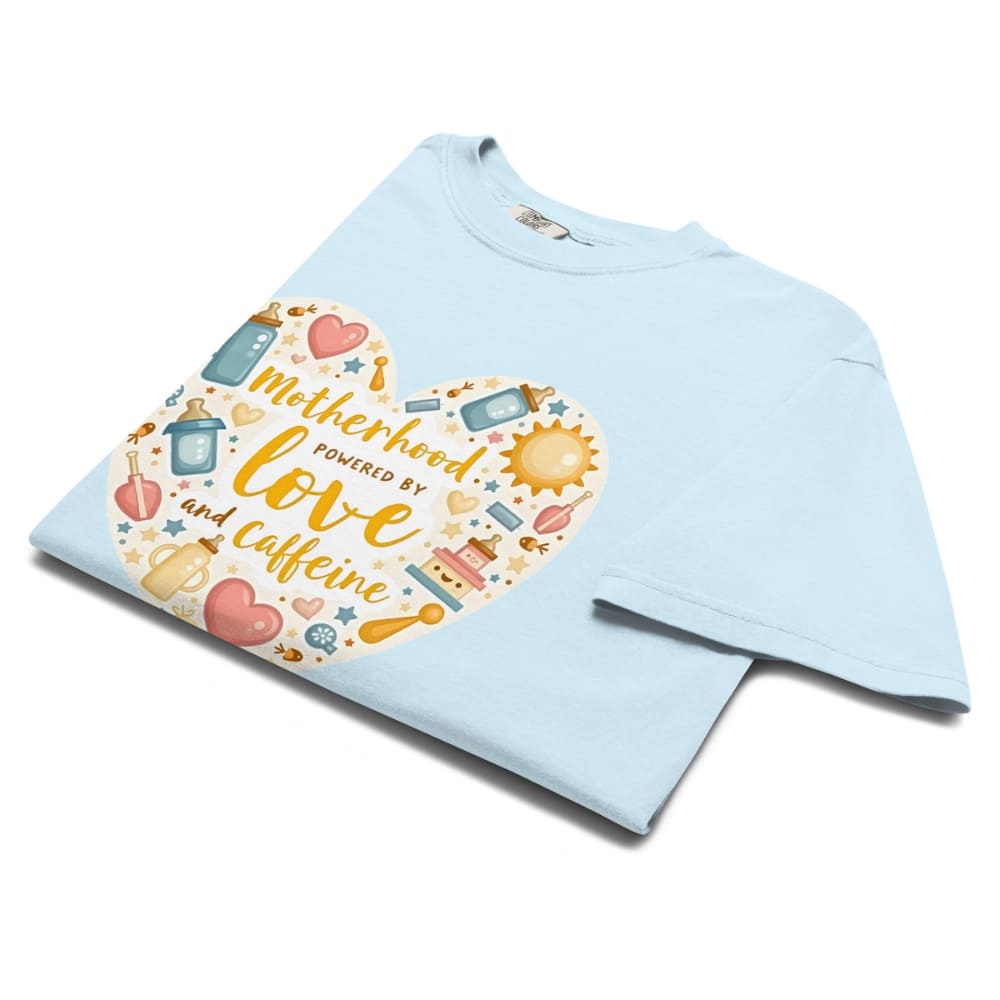 Light blue t-shirt with a colorful graphic and text on a white background