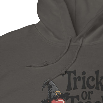 Gray hoodie with a witch hat and apple design, featuring 'Trick or Treat' text.