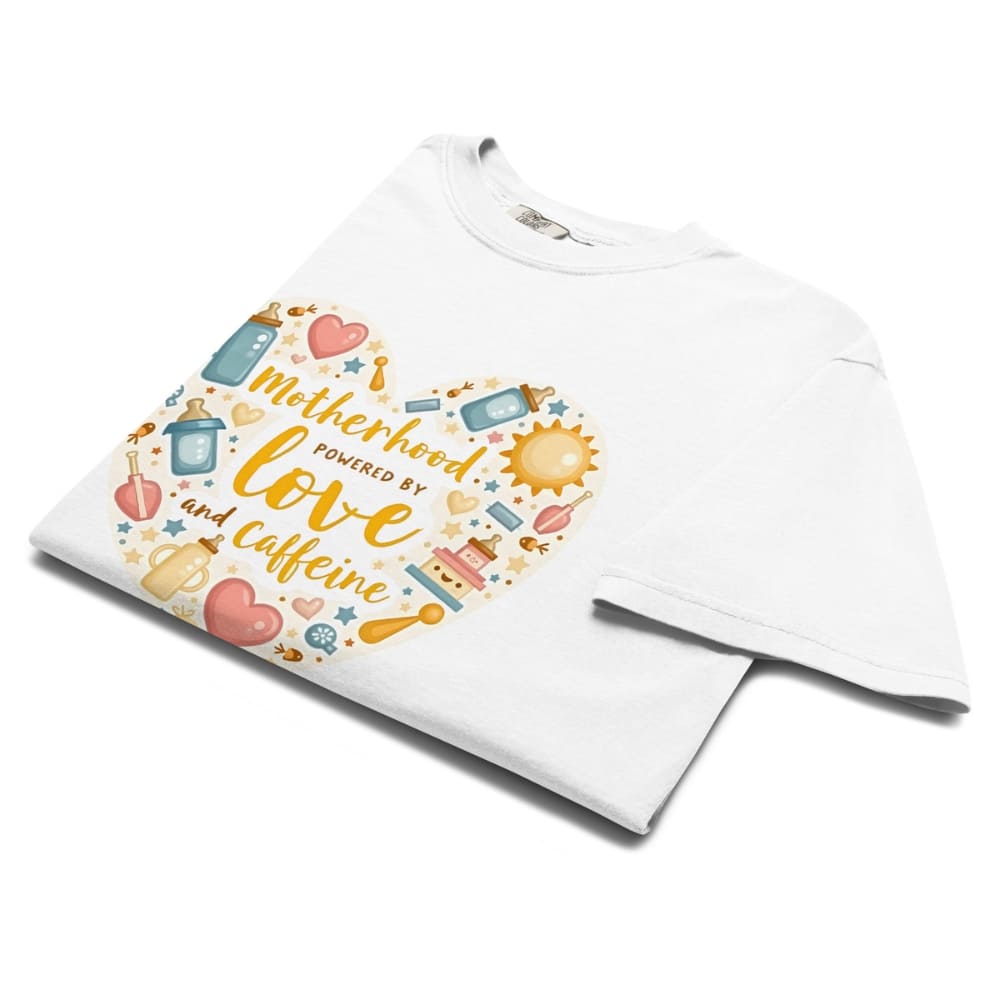 White t-shirt with colorful graphic design and text on a white background