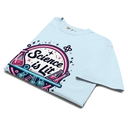 Light blue t-shirt with 'Science is Lit' design on a white background