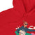 Red hoodie with a graphic of a woman driving a car on a white background