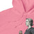 Pink hoodie with a graphic of a woman holding a coffee cup on a white background