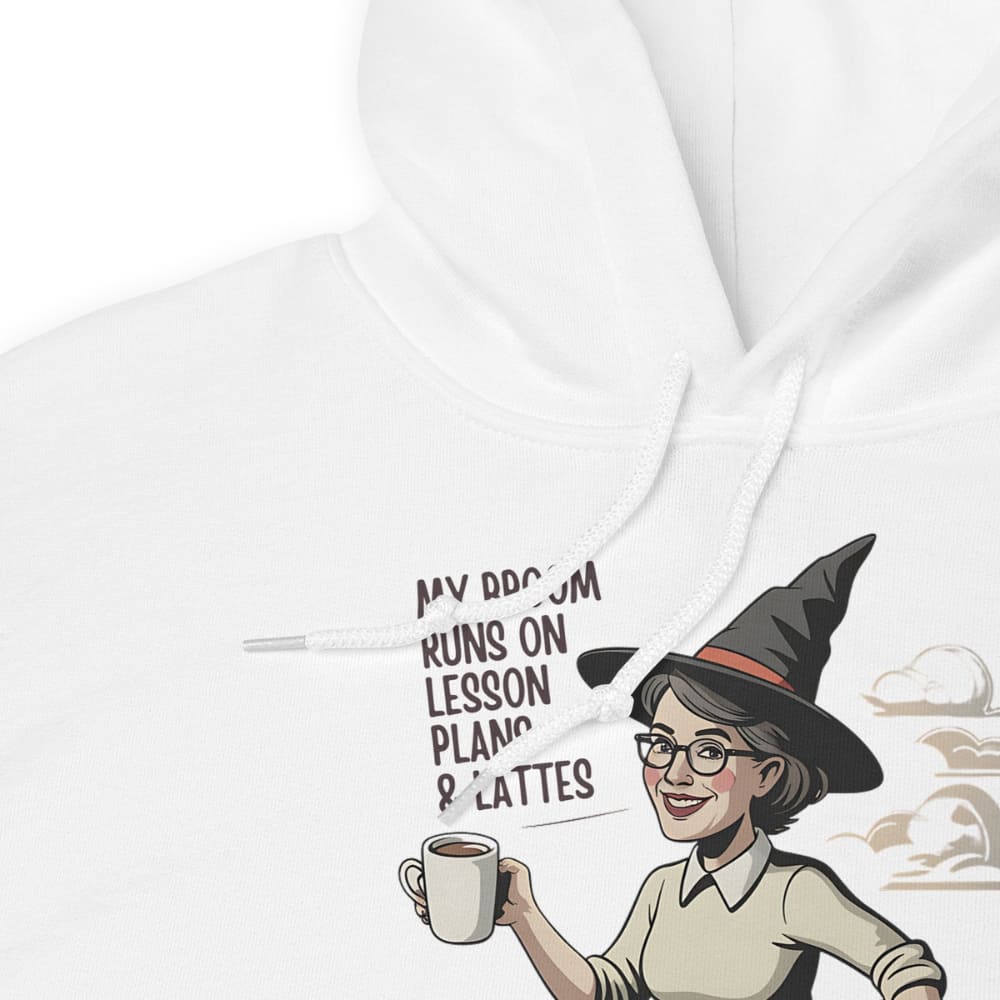 White hoodie with a graphic of a person in a witch hat holding a coffee cup and text.