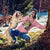 Woman in pink hoodie with cartoon character and dog in a forest setting