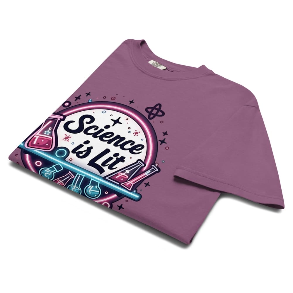 Purple t-shirt with 'Science is Lit' graphic design on a white background