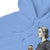 Blue hoodie with a graphic of a woman holding a coffee cup on a white background