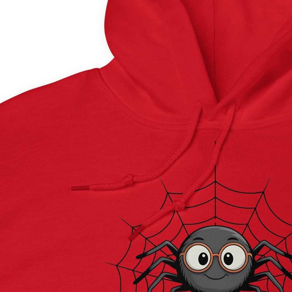 Red hoodie with a spider graphic on a white background