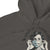 Gray hoodie with graphic of a person wearing a mask and text 'Masked Up Saving Lives'.