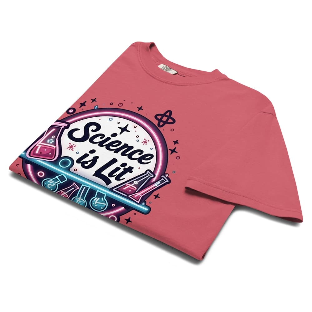 Pink t-shirt with 'Science is Lit' graphic design on a white background