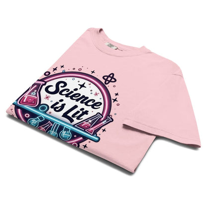 Pink t-shirt with 'Science is Lit' design on a white background