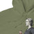 Green hoodie with a graphic of a woman holding a coffee cup on a white background