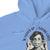 Blue hoodie with graphic of a person wearing a mask and text 'Masked Up & Saving Lives'.