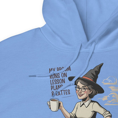 Blue hoodie with a graphic of a person holding a coffee cup and text on a white background