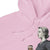 Pink hoodie with a graphic of a woman holding a coffee cup on a white background